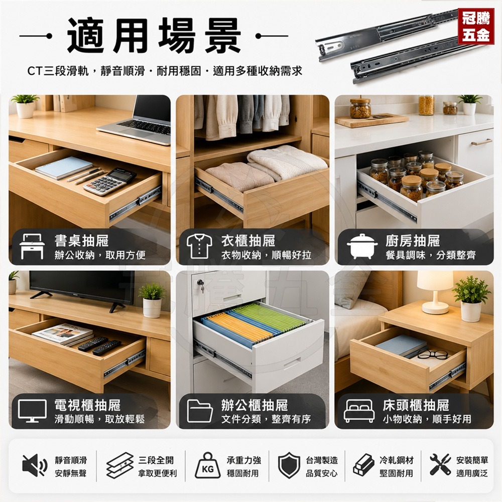 CT 三段滑軌  台灣製 靜音 滑軌 鋼珠滑軌 抽屜滑軌 三節滑軌 抽屜軌道 衣櫃滑軌 櫃子滑軌 冠騰五金-細節圖8