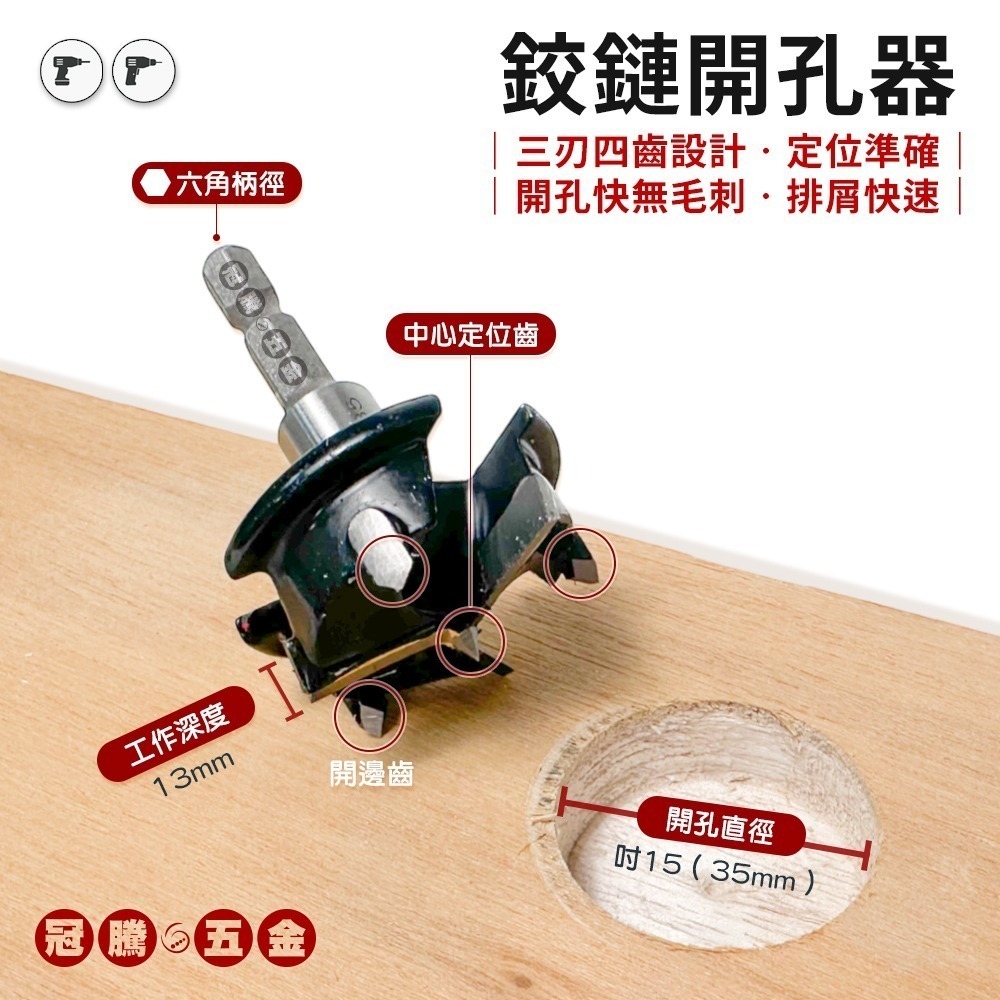 鉸鏈開孔器 取空刀 三刃 有擋 35MM 六角柄 木頭 木工 開孔器 打孔器 木材擴孔 鑽孔 鉸鏈 開孔 冠騰五金-細節圖3