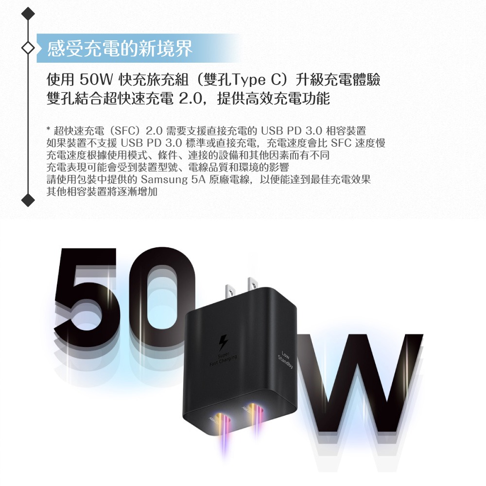 Samsung T5020新款 原廠盒裝組/50W雙孔閃充 + 5A 雙Type C線1.8m (for Z旗艦系列)-細節圖8