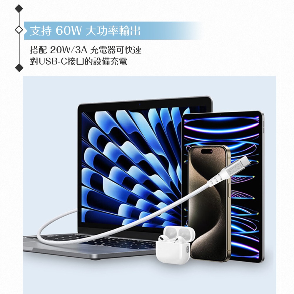 MEGA KING 原廠公司貨 3A Type-C to Type-C 高速充電編織線- 200cm (支援60W)-細節圖6