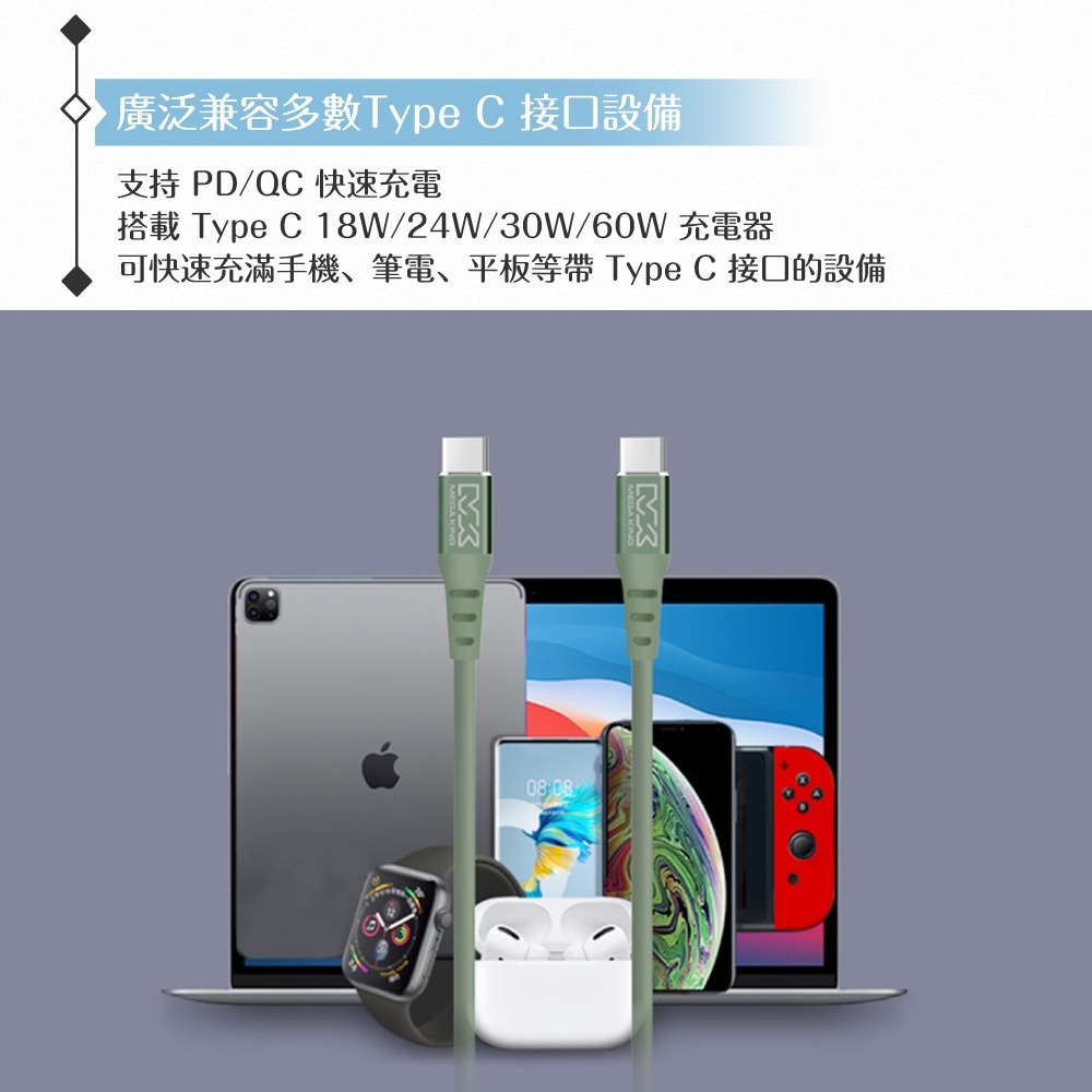 MEGA KING 原廠公司貨 3A Type-C to Type-C 高速充電親膚線- 100cm (支援60W)-細節圖8