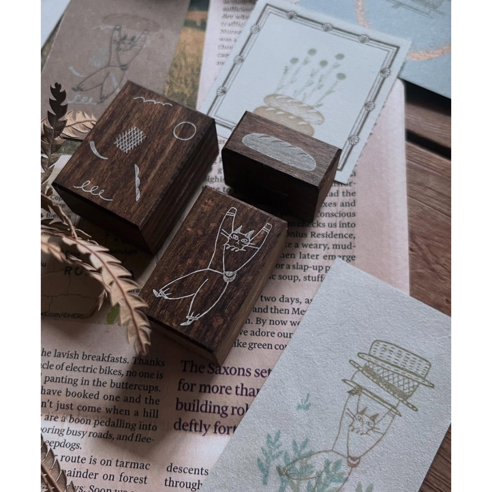 【2種組合】森酪梨Avocado mori「貓咪麵包/草帽野花」深木印章組【立夏手帳生活】-細節圖2
