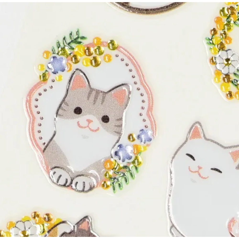 NB社 迷你貼紙系列 貓貓與金盞花款 燙銀+透明浮凸加工 日本製【立夏手帳生活】-細節圖2