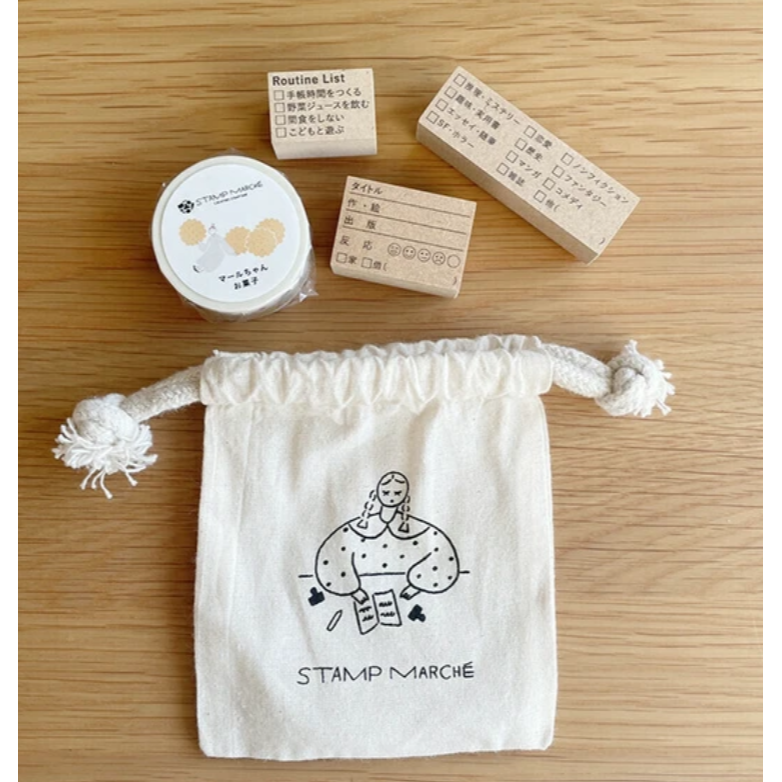 【雙尺寸】日本stamp marche 印章市場 束口袋 女孩款【立夏手帳生活】-細節圖3