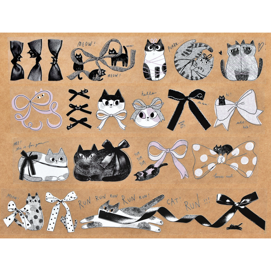 【新改版亮面PET】大芝麻小花生 貓貓蝴蝶結 4.5cm亮面PET膠帶【立夏手帳生活】-細節圖2