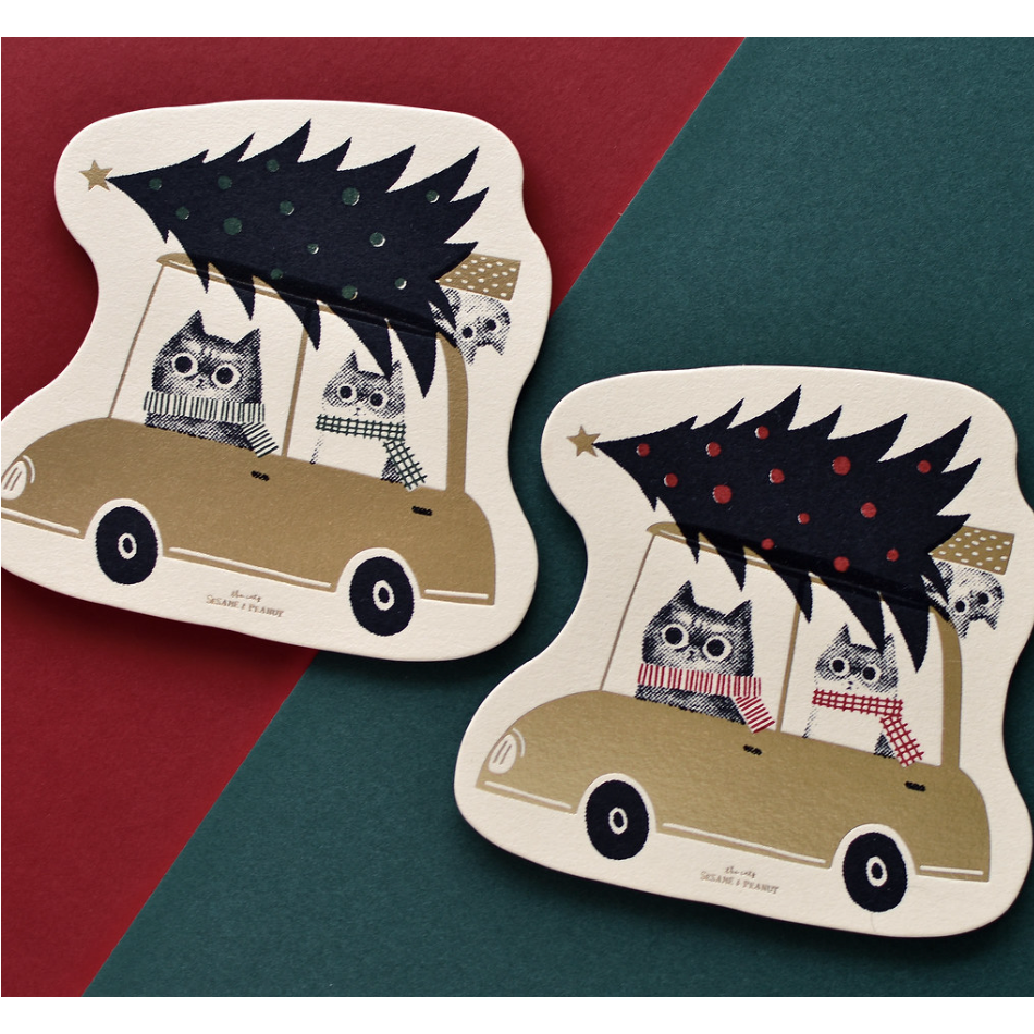 【聖誕卡3款】大芝麻小花生「一起載聖誕樹回家/一起騎馬去送禮物」手工絹印+燙金【立夏手帳生活】-細節圖2