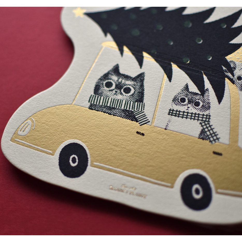 【聖誕卡3款】大芝麻小花生「一起載聖誕樹回家/一起騎馬去送禮物」手工絹印+燙金【立夏手帳生活】-細節圖3