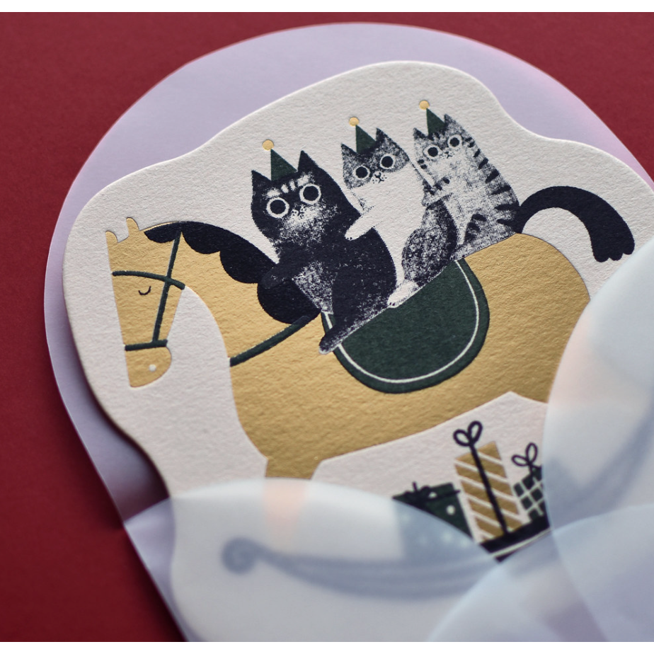 【聖誕卡3款】大芝麻小花生「一起載聖誕樹回家/一起騎馬去送禮物」手工絹印+燙金【立夏手帳生活】-細節圖5