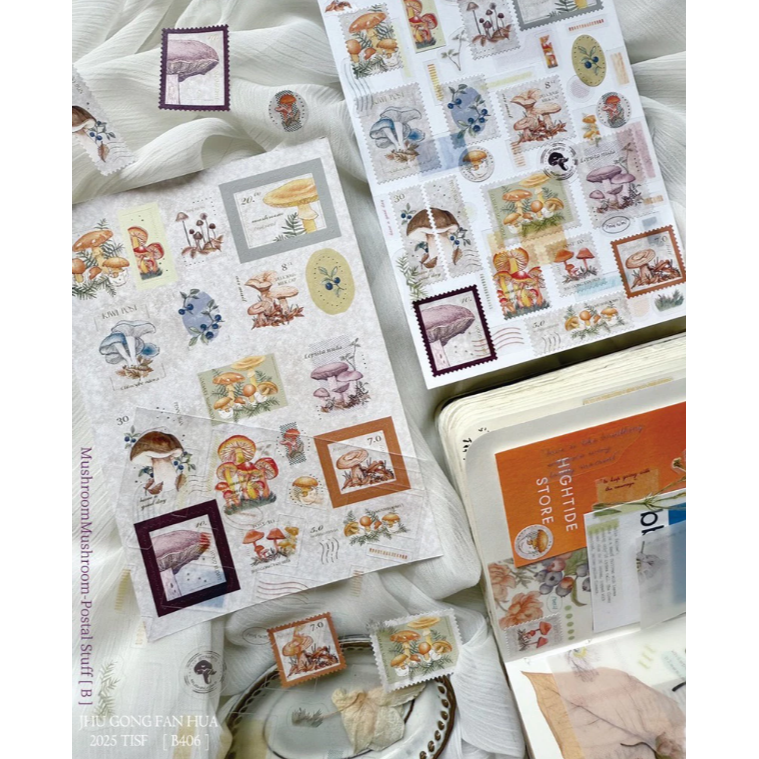 竹工凡花 蕈菇郵物 割型貼紙組合-B 郵票貼紙 模造郵票燙金手帳貼紙【立夏手帳生活】-細節圖2