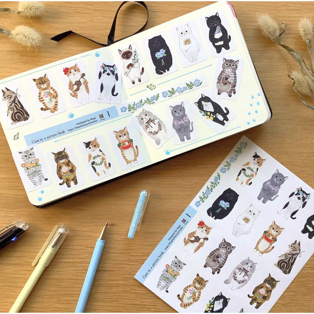 【2款】4legs 上質紙貼紙組 繪本裡的貓咪們 4 legs 貓咪 日本製【立夏手帳生活】-細節圖2