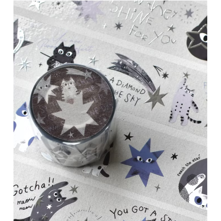 【2款】大芝麻小花生 星星與貓 彩色版 / 灰藍色版 燙銀亮面PET膠帶【立夏手帳生活】-細節圖5