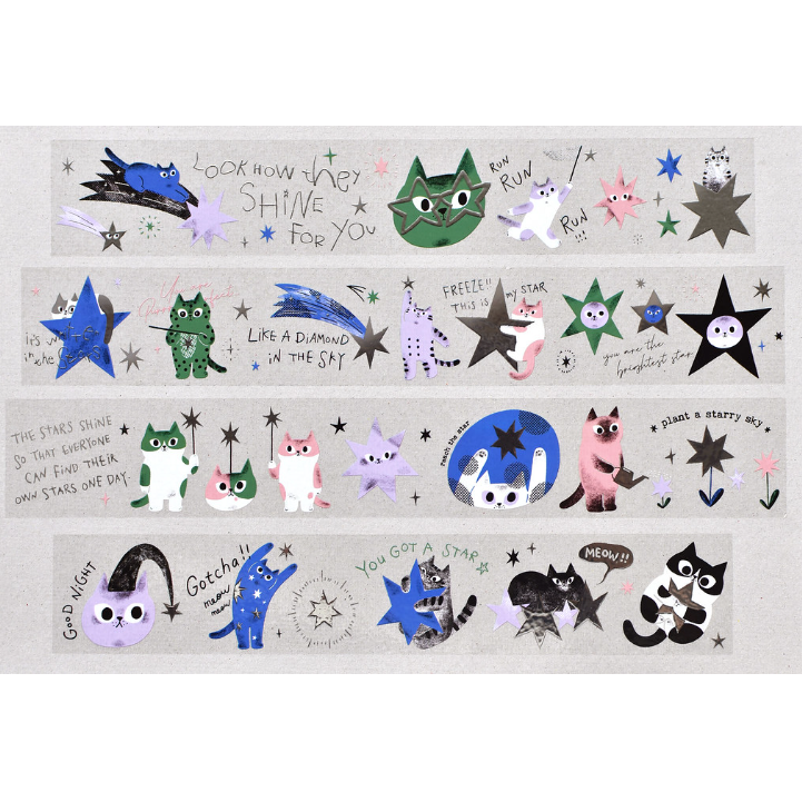 【2款】大芝麻小花生 星星與貓 彩色版 / 灰藍色版 燙銀亮面PET膠帶【立夏手帳生活】-細節圖7