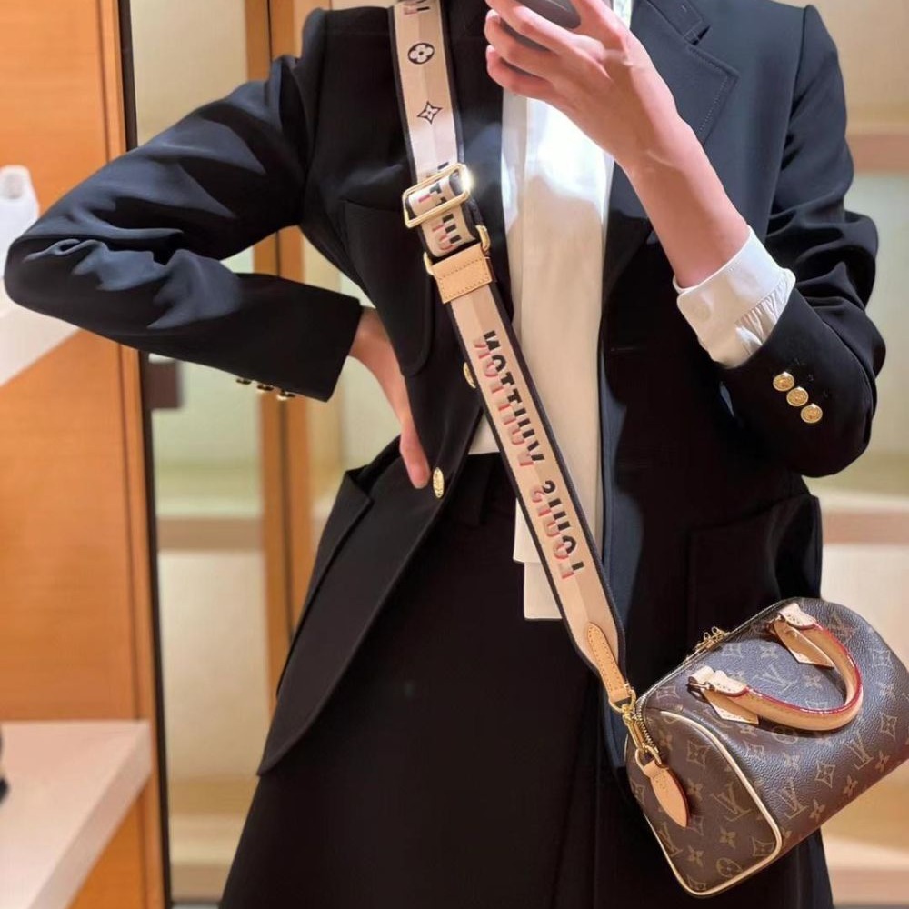 二手LV路易威登女包老花SPEEDY 20黑色寬肩帶手提單肩包M46234-細節圖3