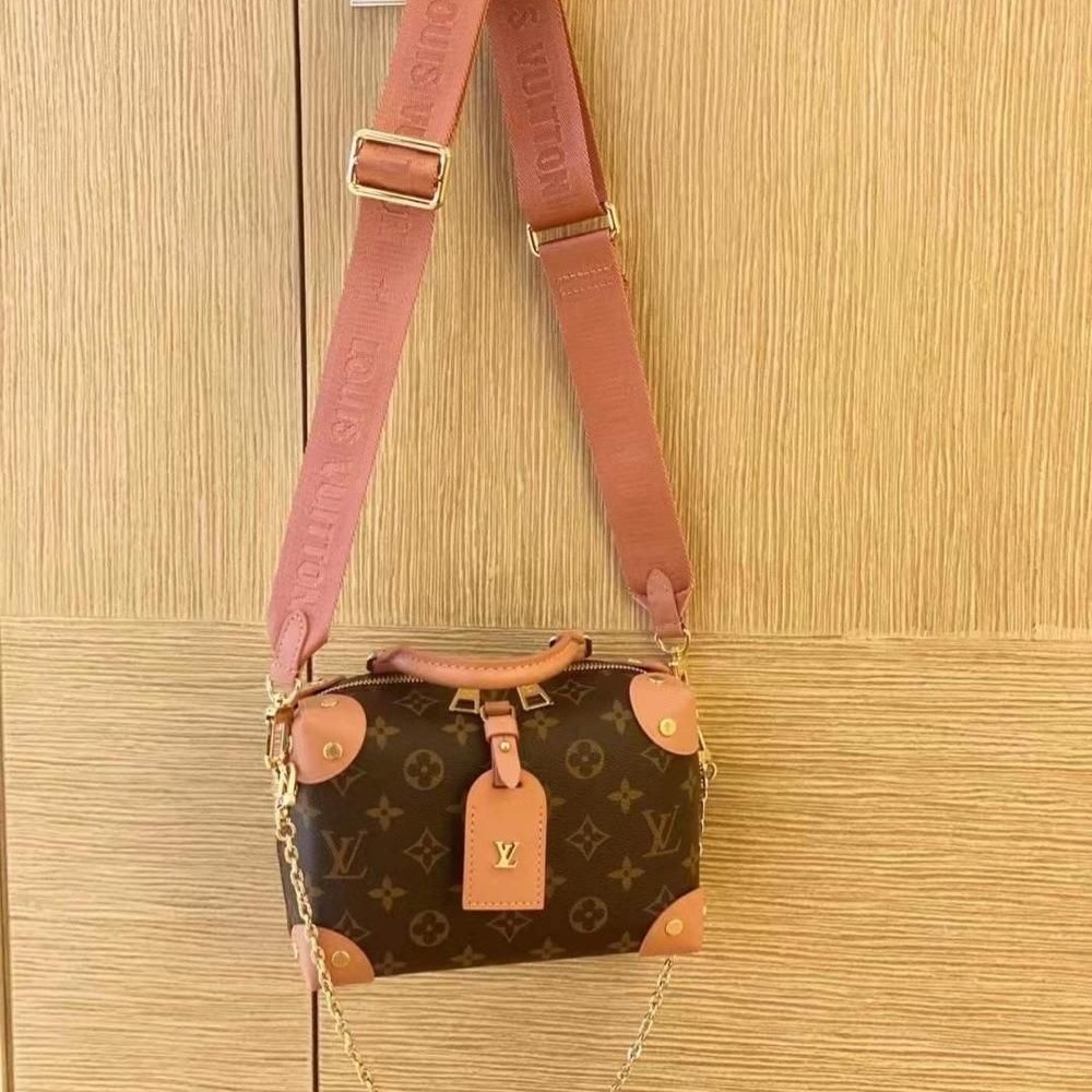 二手LV路易威登女包爆款新款Petite Malle老花粉色單肩包手提包M45531-細節圖4