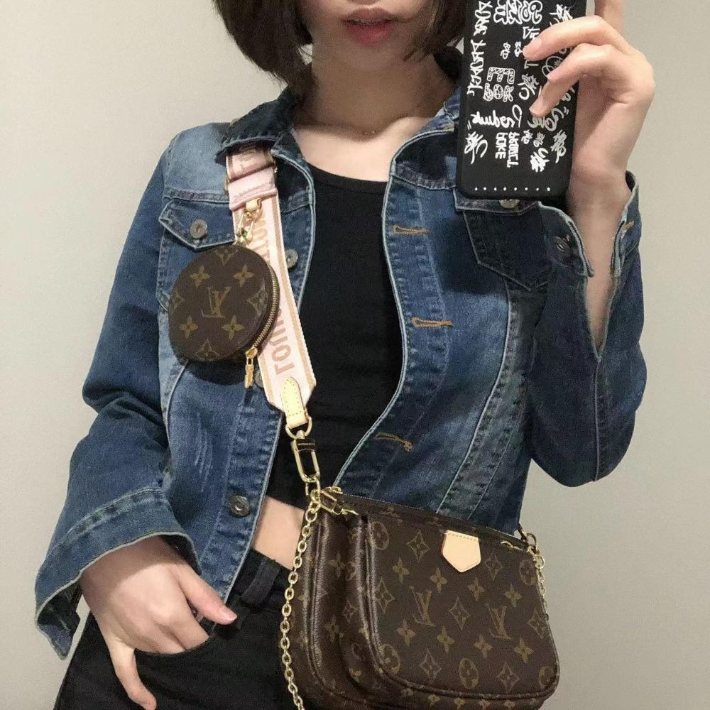 二手【現貨】LV女包粉色肩帶五合一斜挎單肩包老花鏈條腋下包M44840-細節圖3