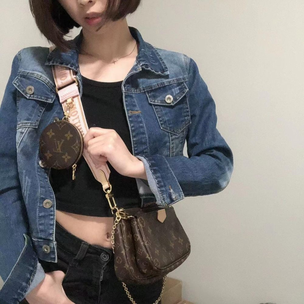 二手【現貨】LV女包粉色肩帶五合一斜挎單肩包老花鏈條腋下包M44840-細節圖4