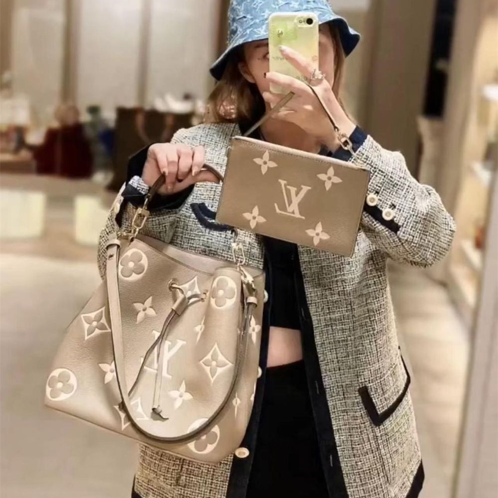 二手LV女包大象灰NEONOE MM壓紋牛皮抽繩水桶包手提單肩包M45555-細節圖3