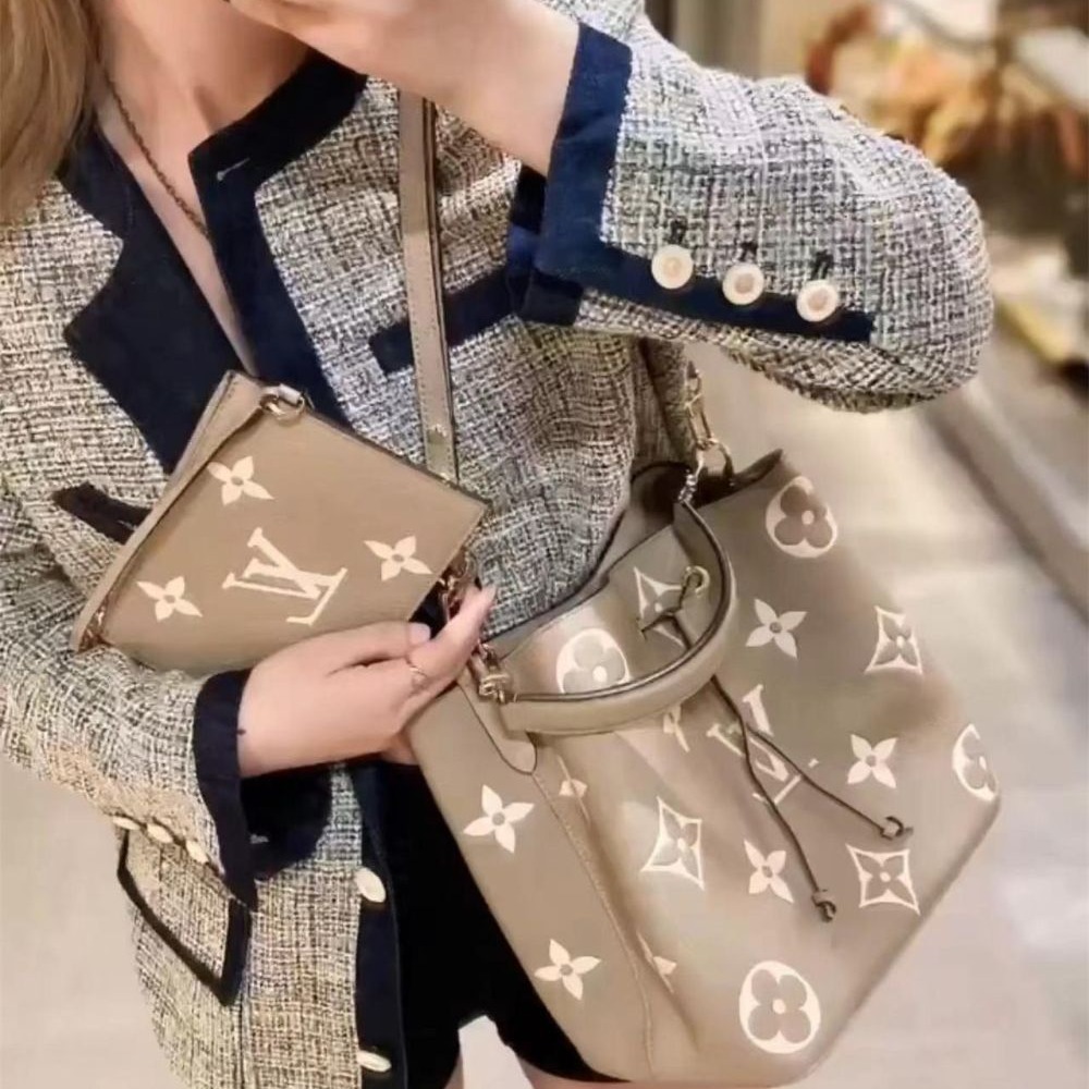 二手LV女包大象灰NEONOE MM壓紋牛皮抽繩水桶包手提單肩包M45555-細節圖4