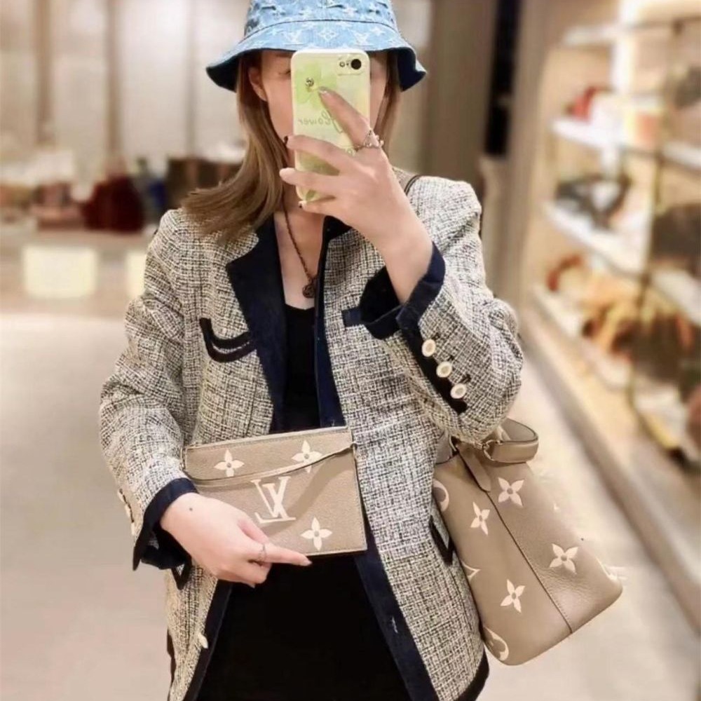 二手LV女包大象灰NEONOE MM壓紋牛皮抽繩水桶包手提單肩包M45555-細節圖5