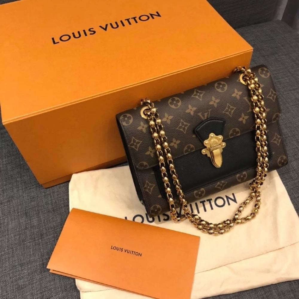 二手LV路易威登女包VICTOIRE黑色老花拼色鏈條包單肩包M41730爆款-細節圖2