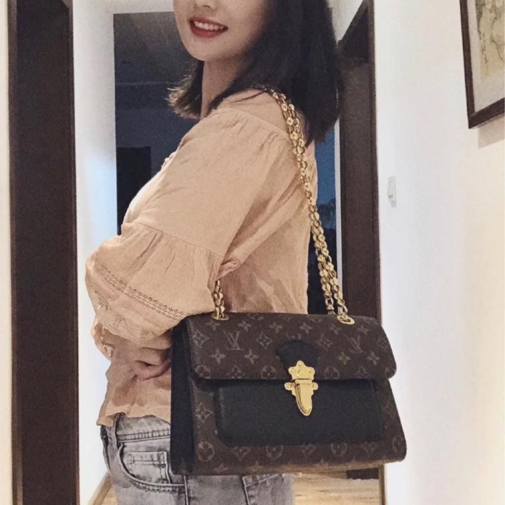 二手LV路易威登女包VICTOIRE黑色老花拼色鏈條包單肩包M41730爆款-細節圖5