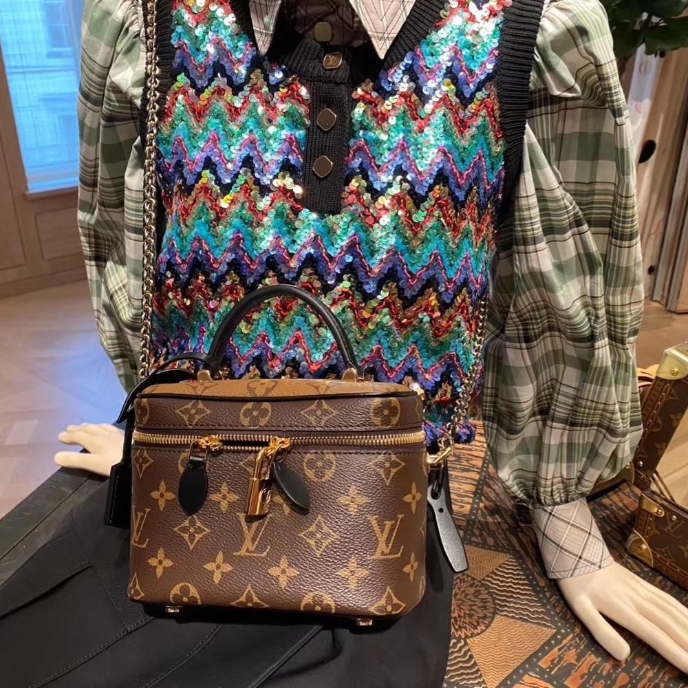 二手LV路易威登女包老花拼色化妝包VANITY PM鏈條包M45165爆款-細節圖4