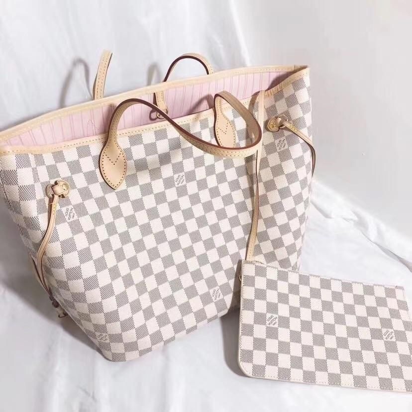 二手LV路易威登女包經典老花白棋盤格Neverfull購物袋中號N41361-細節圖4