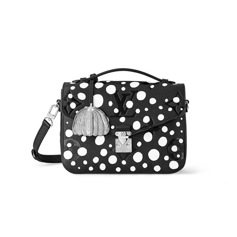 二手LV/女士黑色粒面牛皮黑/白圓點單肩郵差包-細節圖3