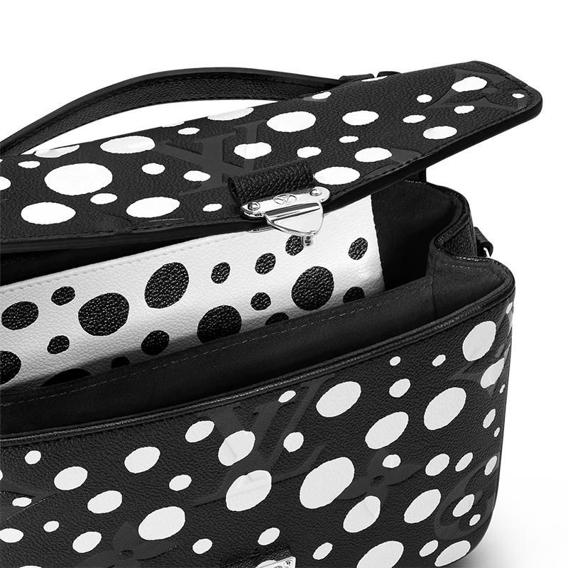 二手LV/女士黑色粒面牛皮黑/白圓點單肩郵差包-細節圖5