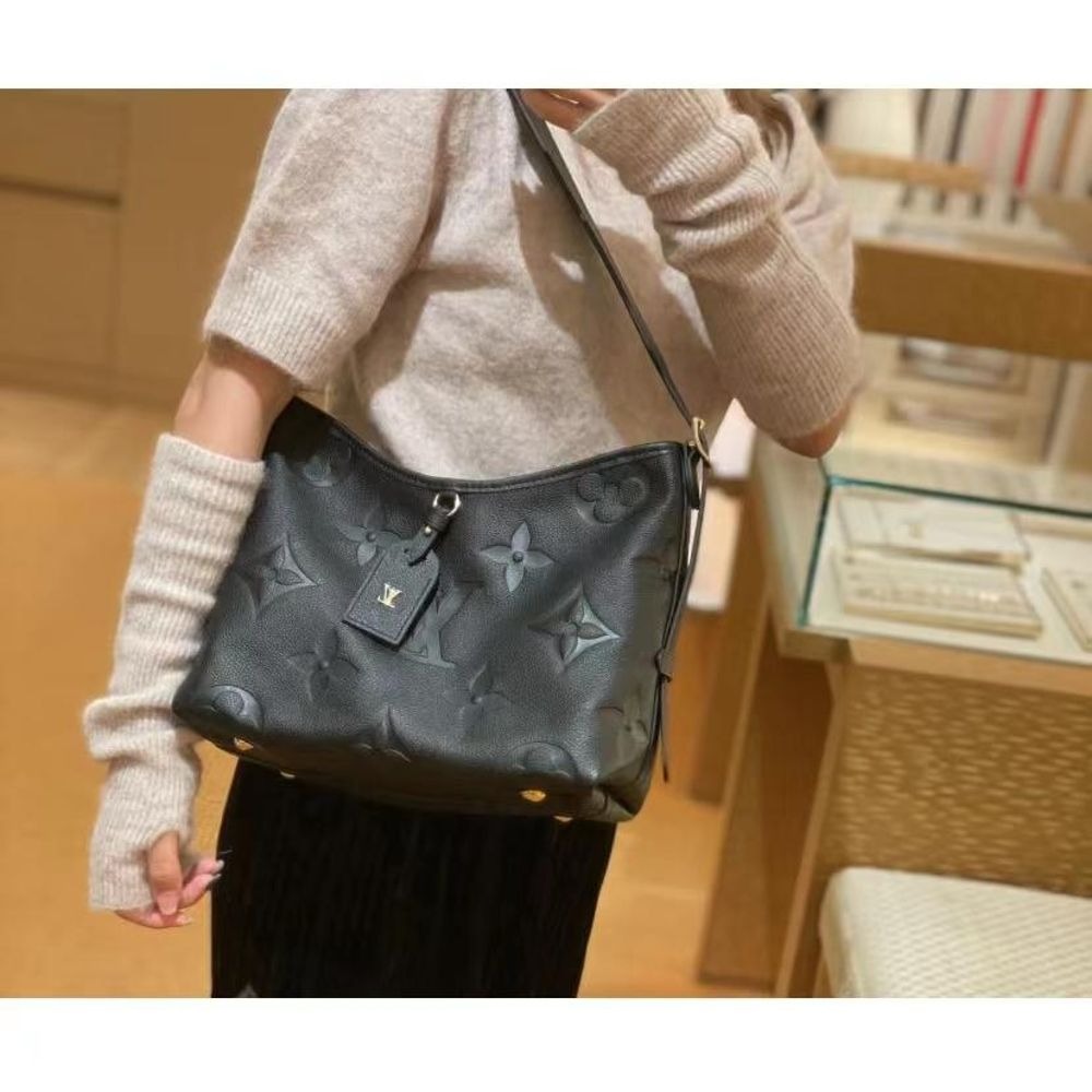 二手LV/路易威登女士CARRYALL黑色粒面壓紋牛皮金色拉鏈開合單肩包-細節圖2