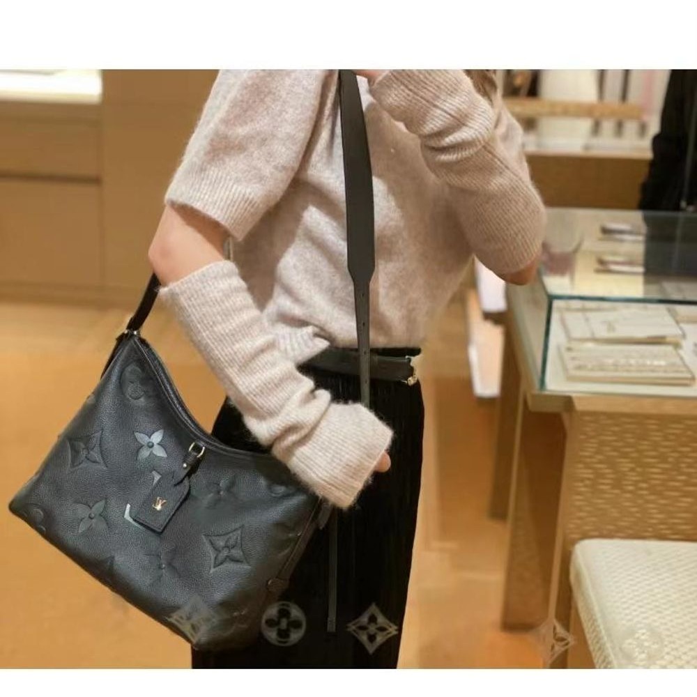 二手LV/路易威登女士CARRYALL黑色粒面壓紋牛皮金色拉鏈開合單肩包-細節圖3