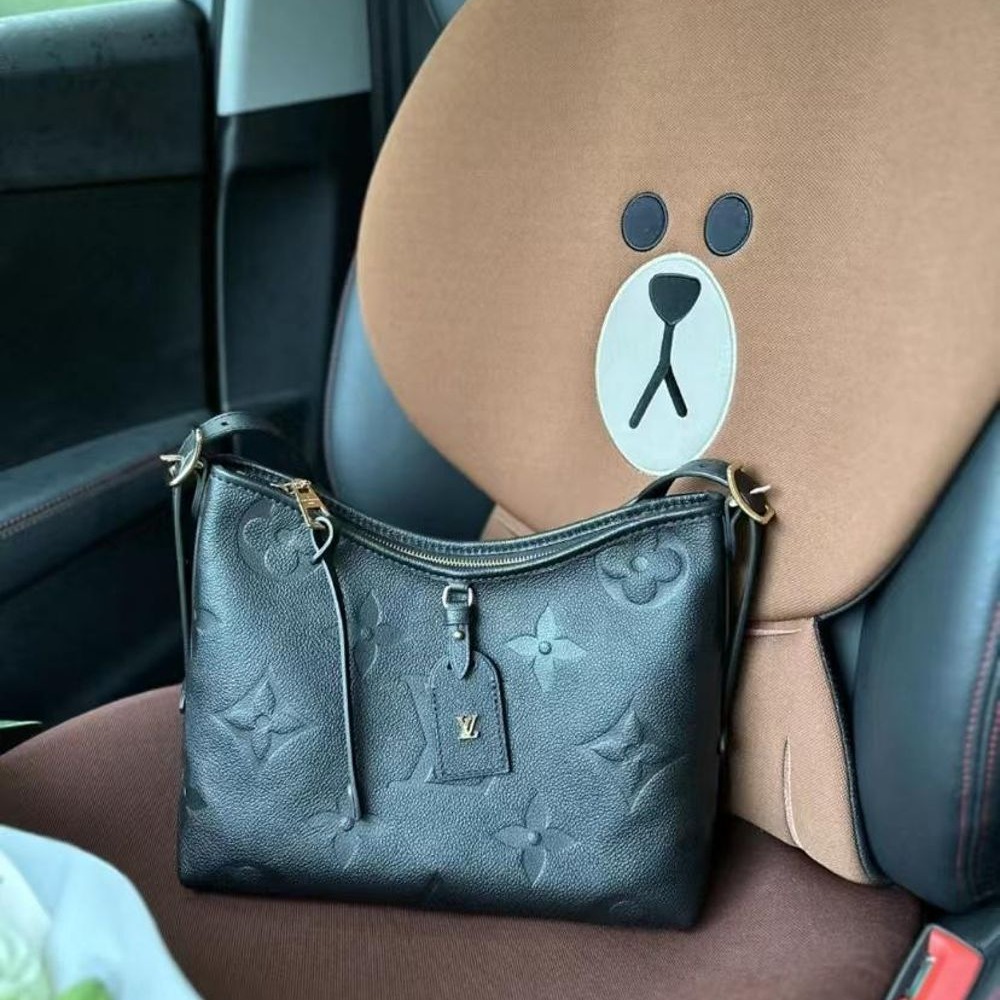 二手LV/路易威登女士CARRYALL黑色粒面壓紋牛皮金色拉鏈開合單肩包-細節圖4