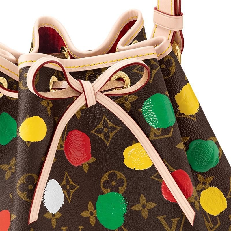 二手LV/路易威登23草間彌生合作女士棕色帆布配皮彩色圓點單肩水桶包-細節圖4