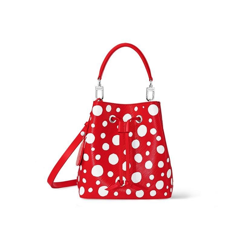 二手LV/路易威登23草間彌生合作女士紅色牛皮紅/白圓點印花單肩水桶包-細節圖2