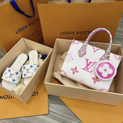 二手LV路易威登23新款OnTheGo女士小號奶油白色/玫瑰粉色托特包手提包