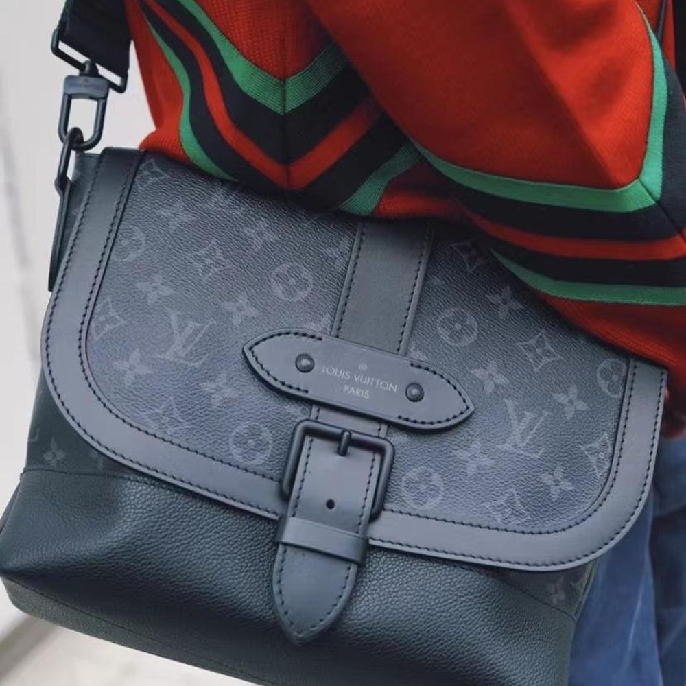 二手LV/路易威登經典款SAUMUR系列男士黑色老花帆布單肩斜跨郵差包-細節圖2