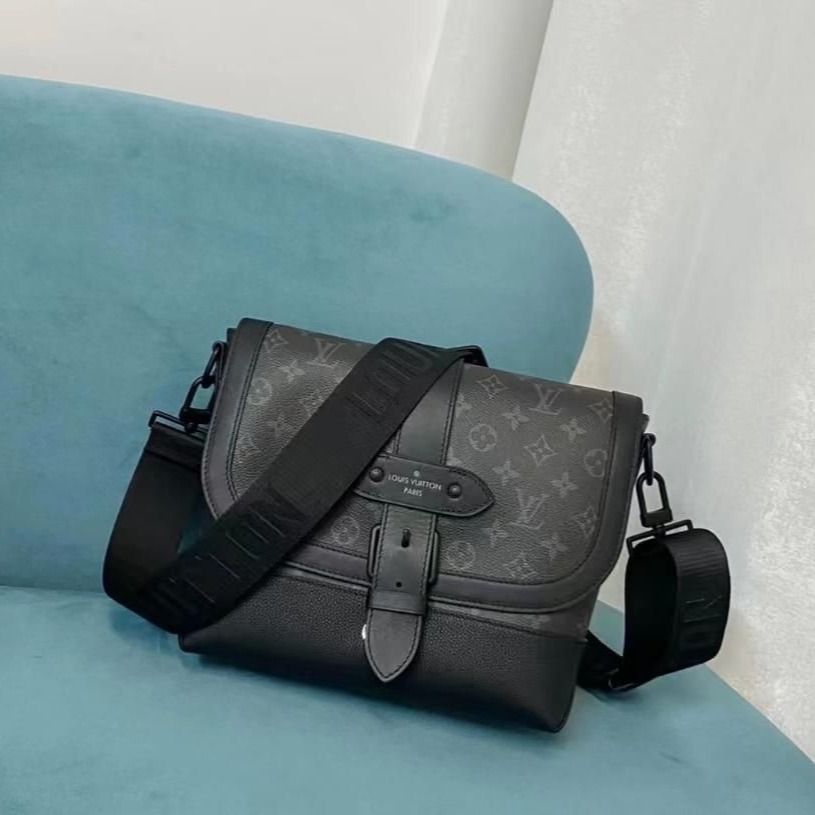 二手LV/路易威登經典款SAUMUR系列男士黑色老花帆布單肩斜跨郵差包-細節圖4