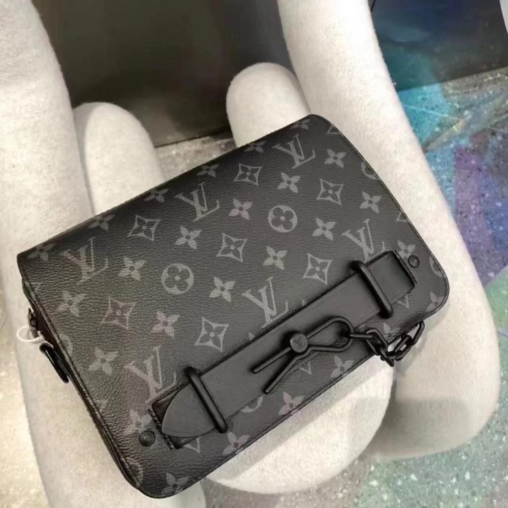 二手99新LV路易威登男包steamer全黑老花壓紋郵差包斜挎包男女同款M57307-細節圖3