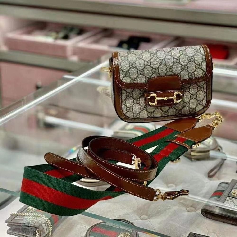 二手99新Gucci mini1955 新款老花馬鞍包馬銜扣兩個肩帶斜挎女包-細節圖3