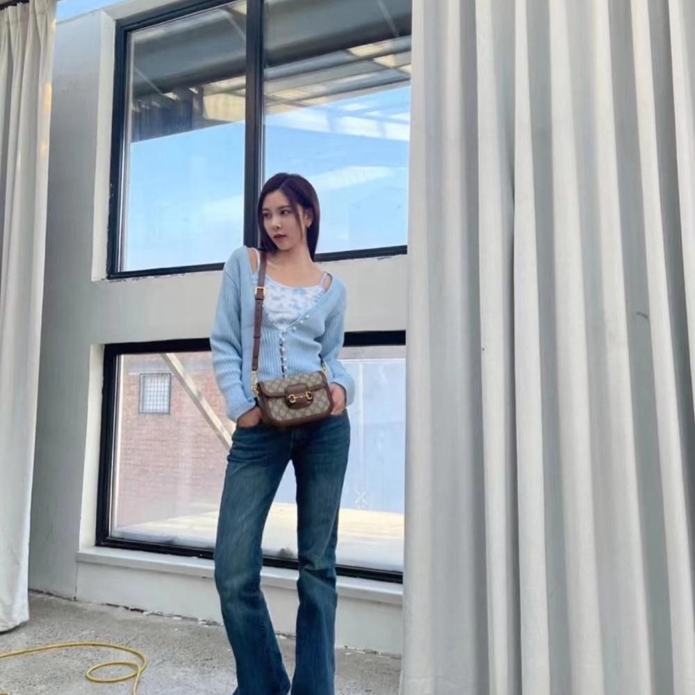 二手99新Gucci mini1955 新款老花馬鞍包馬銜扣兩個肩帶斜挎女包-細節圖6