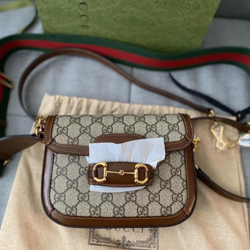 二手99新Gucci mini1955 新款老花馬鞍包馬銜扣兩個肩帶斜挎女包-細節圖9
