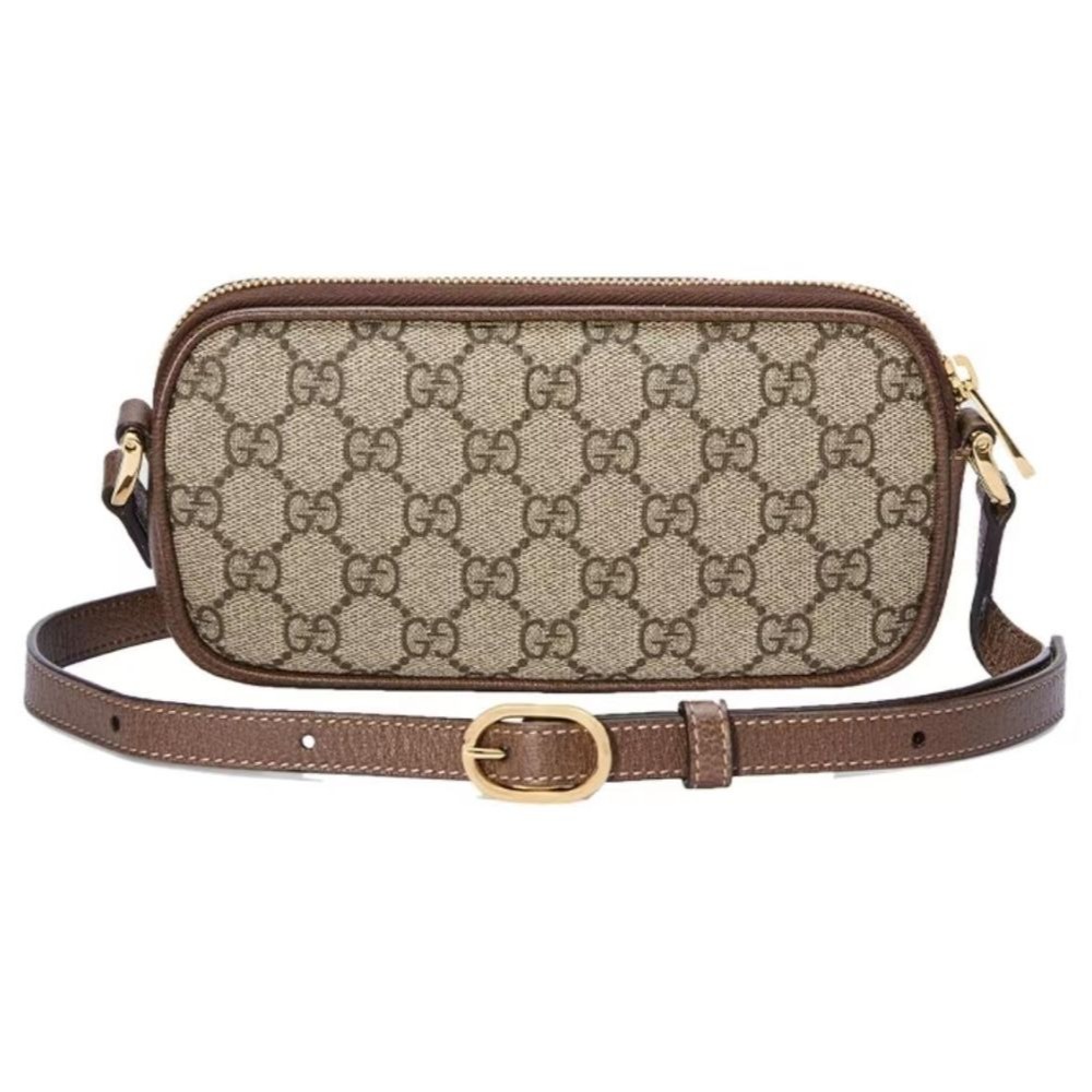 二手99新GUCCI 古馳 老花條紋織帶 帆布拼皮 單肩斜挎包 女款 迷你-細節圖2