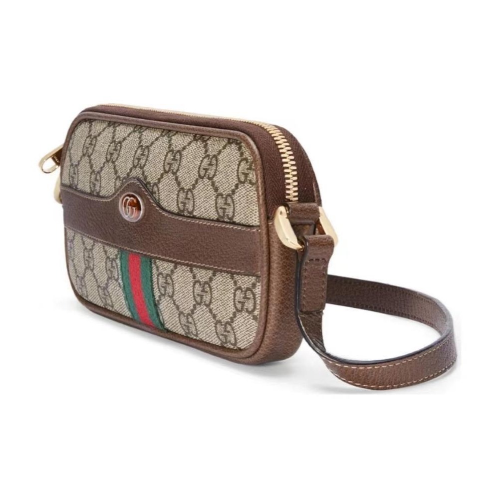 二手99新GUCCI 古馳 老花條紋織帶 帆布拼皮 單肩斜挎包 女款 迷你-細節圖3