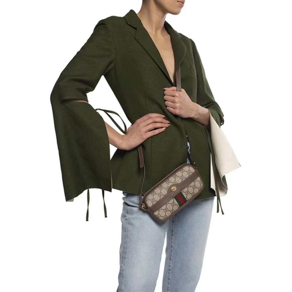 二手99新GUCCI 古馳 老花條紋織帶 帆布拼皮 單肩斜挎包 女款 迷你-細節圖4