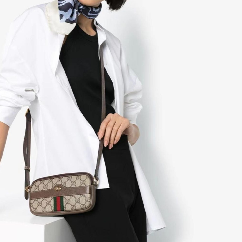 二手99新GUCCI 古馳 老花條紋織帶 帆布拼皮 單肩斜挎包 女款 迷你-細節圖5