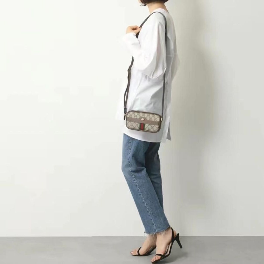 二手99新GUCCI 古馳 老花條紋織帶 帆布拼皮 單肩斜挎包 女款 迷你-細節圖6