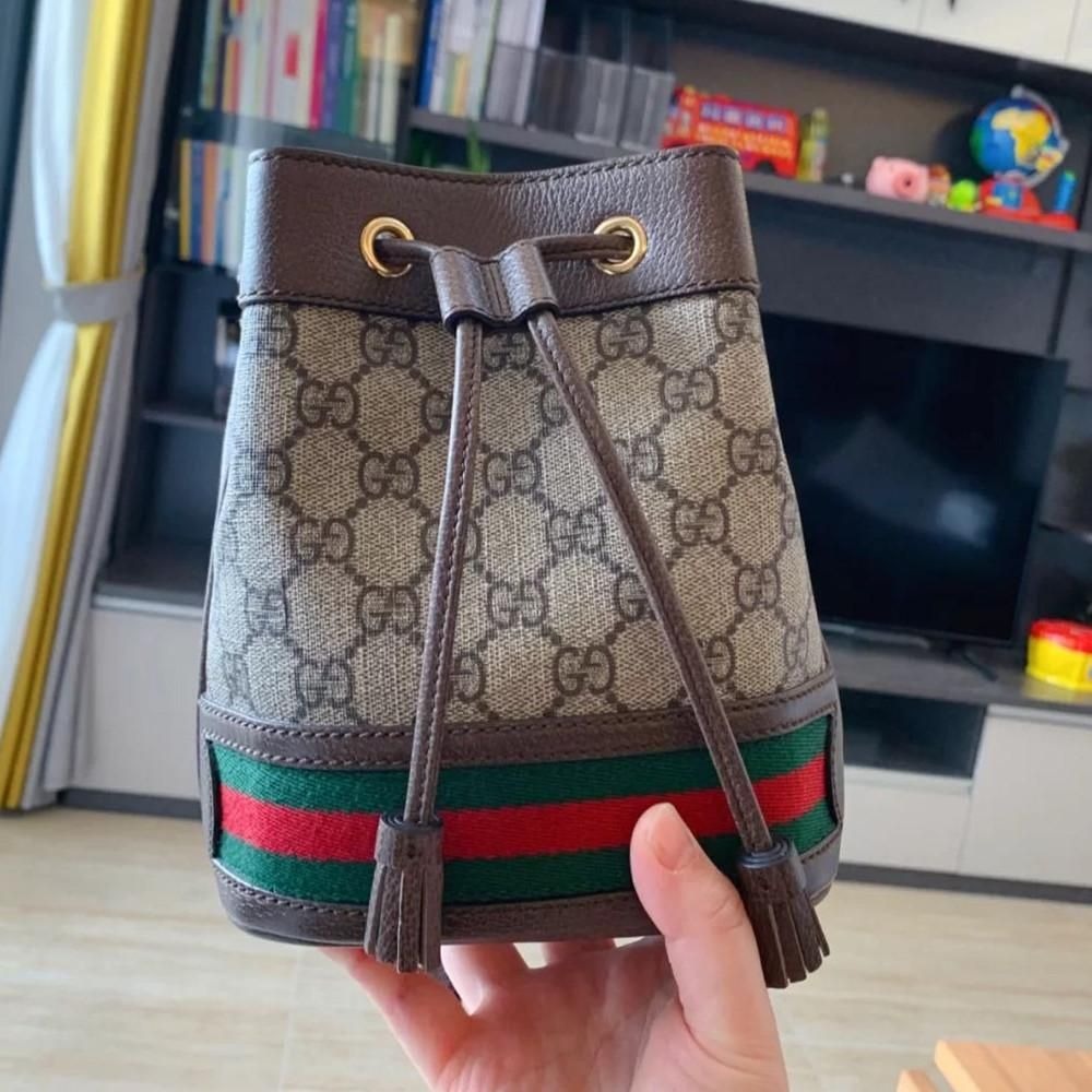 二手99新GUCCI/古馳秋冬新款Ophidia女士迷你拼棕色抽繩水桶包-細節圖5