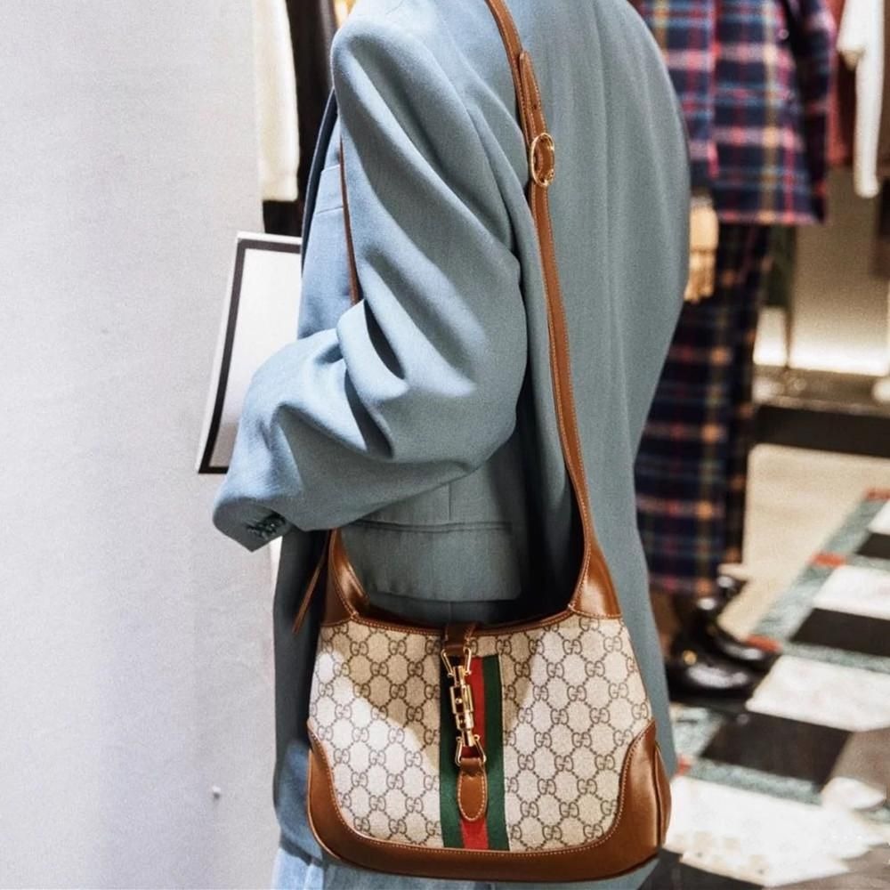 二手99新GUCCI/古馳Jackie1961小號棕色帆布手提腋下單肩斜跨包鹿晗同款-細節圖6