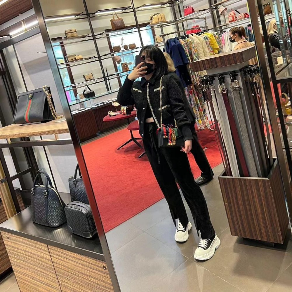 二手99Gucci古馳女包黑色金扣SYLVIE織帶鏈條蝴蝶結迷你斜挎單肩包-細節圖4