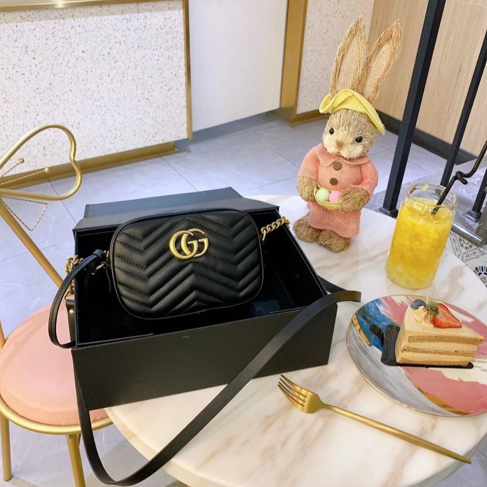 二手99GUCCI 古馳 GG Marmont迷你黑色相機包單肩包斜挎包-細節圖2